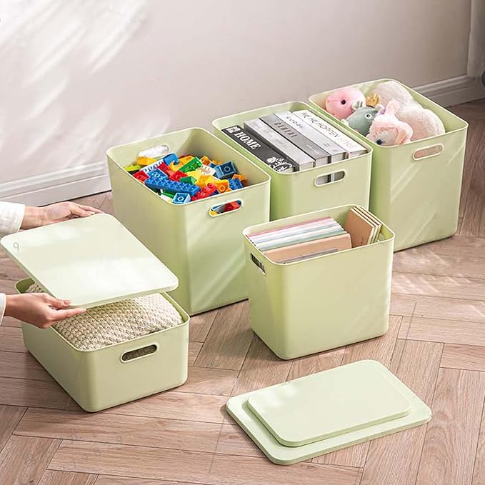 5 pack large plastic White storage bins Baskets, Toy Box Chest with Lids and Handle，Organizer Containers for Baby，Kids,snacks,Nursery，Shelves，Playroom, Bedroom，Office,Closet，home-CubbioJoy