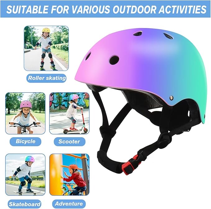 Color Gradient Adjustable Kids' Helmet with Knee & Elbow Pads Set | Multi-Sport Safety Gear for Boys & Girls Ages 5-14 | Skateboarding, Scooters, Roller & Inline Skating, Longboarding-CubbioJoy