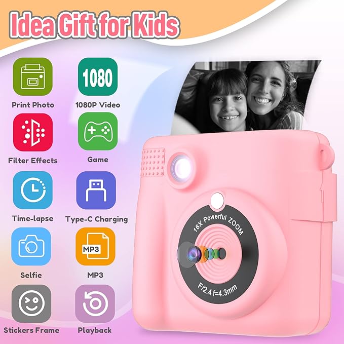 Instant Print Camera for Kids, Christmas Birthday Gifts Girls Boys Age 3-12, HD Digital Video Cameras Toddler, Portable Toy 3 4 5 6 7 8 9 10 Year Old Girl with 32GB SD Card-Pink-CubbioJoy