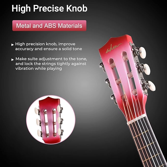 ADM Beginner Acoustic Classical Guitar 30 Inch Nylon Strings Wooden Guitar Bundle Kit for Kid Boy Girl Student Youth Guitarra Online Lessons with Gig Bag, Strap, Tuner, Extra Strings, Picks,Pink 1-CubbioJoy