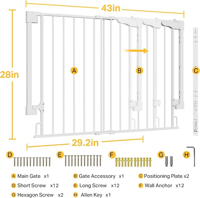 Cumbor 29.2-43" No Bottom Bar Baby Gate for Stairs, 2-in-1 Hardware Mounted Dog Gate Indoor, Auto Close Pet Gate for Doorways with Large Walk Thru Door, Wide Child-Proof Safety Gates for Kids (White)-CubbioJoy