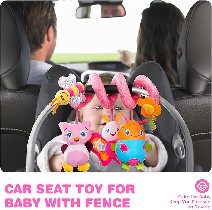 Jollybaby Baby Car Seat Stroller Toys, Plush Activity Hanging Spiral Activity Pram Crib with Music Box, Rattles, Squeaker for Babies Infant Boys Girls(Pink)-CubbioJoy