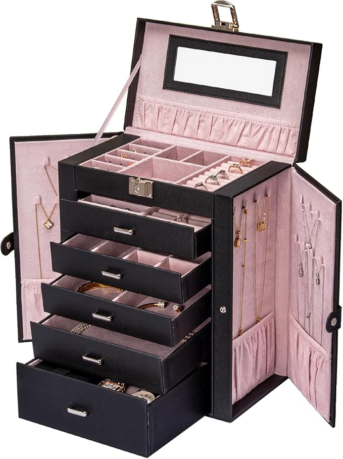 6 Tier Jewelry Box, Jewelry Case with 5 Drawers, Large Storage Capacity, with Mirror, Lockable, Jewelry Storage Organizer, Gift for Loved Ones-CubbioJoy