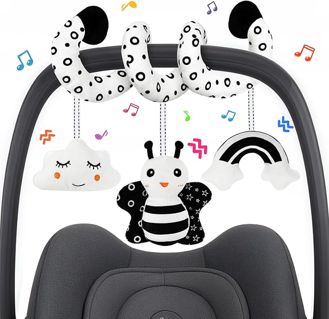 Car Seat Toy,Stroller Toys,Car Seat Toys for Babies 0-6 months Boy Girl,Spiral Hanging Stroller Black and White High Contrast Sensory Toy Newborn Plush Activity Toys Thank You Gifts for 0 3 6 9 Months-CubbioJoy