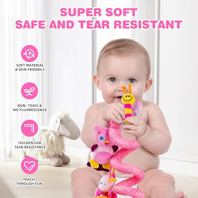 Jollybaby Baby Car Seat Stroller Toys, Plush Activity Hanging Spiral Activity Pram Crib with Music Box, Rattles, Squeaker for Babies Infant Boys Girls(Pink)-CubbioJoy