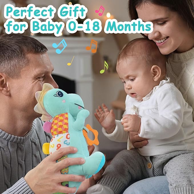 Baby Dino Plush Soft Stuffed Animal Toy for 0-3-6-12+ Months,Infant Musical Toy with Rattle,Squeaker,Sensory Crinkle,Teether & Textures,Tummy Time Toys Christmas Baby Gift for Newborn Girl Boy (Blue)-CubbioJoy