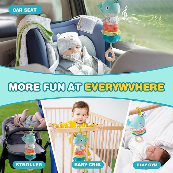 Jollybaby Baby Musical Pull String Hanging Toy for Stroller Car Seat Crib Play Gym, Plush Stuffed Whale Toy for Carseat with Music Teether Crinkle Paper, Sensory Toy for 0-6-12-18 Months Baby Gift-CubbioJoy