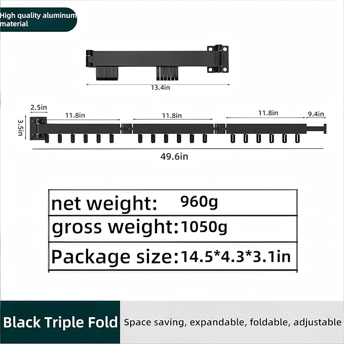 Clothes Drying Rack Wall Mounted,Space Saving Wall Drying Rack,Retractable Collapsible Tri-Fold,for Bathroom,Balcony,Outdoor lndoor with Laundry,Black-CubbioJoy