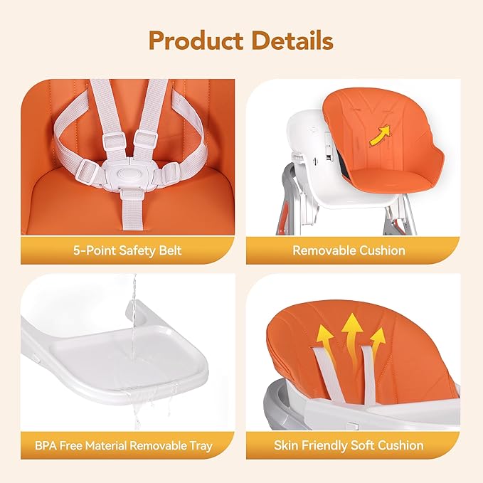 CoziBB Baby High Chair, 6 in 1 Convertible Growing Baby Highchairs for Babies and Toddlers, Baby Chair with Adjustable Dining Tray and Seat, 5-Point Safety Belt,White-CubbioJoy