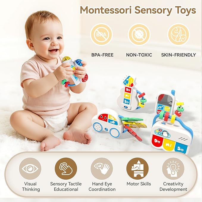 Baby Toys 0-6-12 Months: 5 in 1 Infant Musical Rtattle Teething Toys Sensory Learning Toys with Sounds, Newborn Shower Gifts for Boys & Girls-CubbioJoy