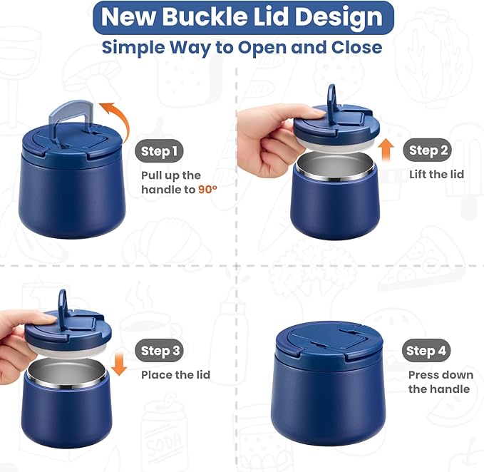 14oz Insulated Vacuum Food Jar with Buckle Lid,Soup Thermo for Hot Food Kids,Wide Mouth Leakproof Stainless Steel Lunch Container with Spoon-Blue-CubbioJoy