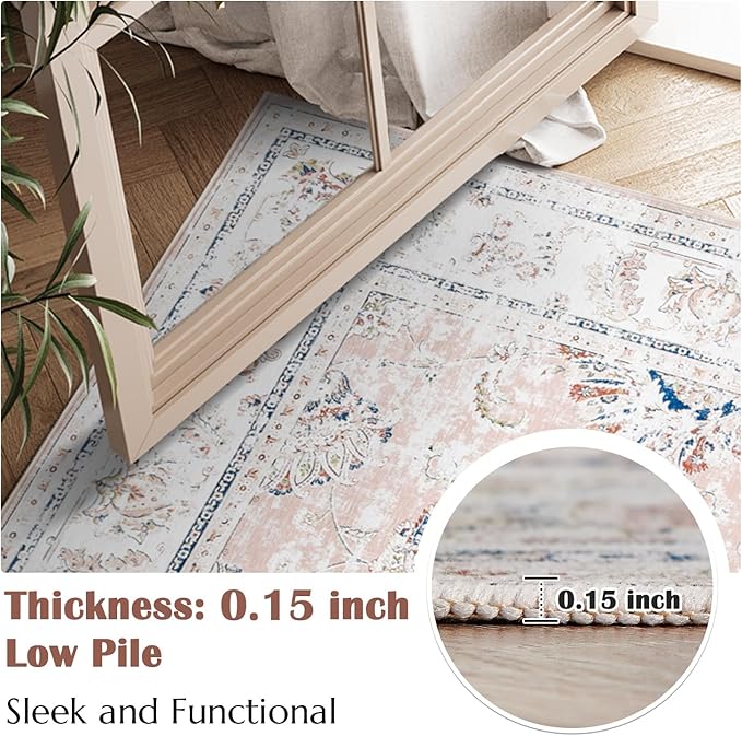 jinchan Vintage Floral 5x7 Area Rugs for Bedroom - Machine Washable Distressed Design Stain Resistant Boho Carpet Ultra-Thin Low Pile Non-Slip for Living Room Dining Room Kitchen (5‘x7',Pink)-CubbioJoy