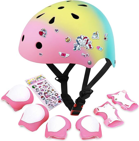 Kids Bike Helmet with DIY Stickers and Knee Pads Elbow Pads Wrist Guard Set for Ages 3-8-14 Toddler Boys Girls Helmet for Roller Skates Cycling Skateboarding Bicycle Scooter-CubbioJoy