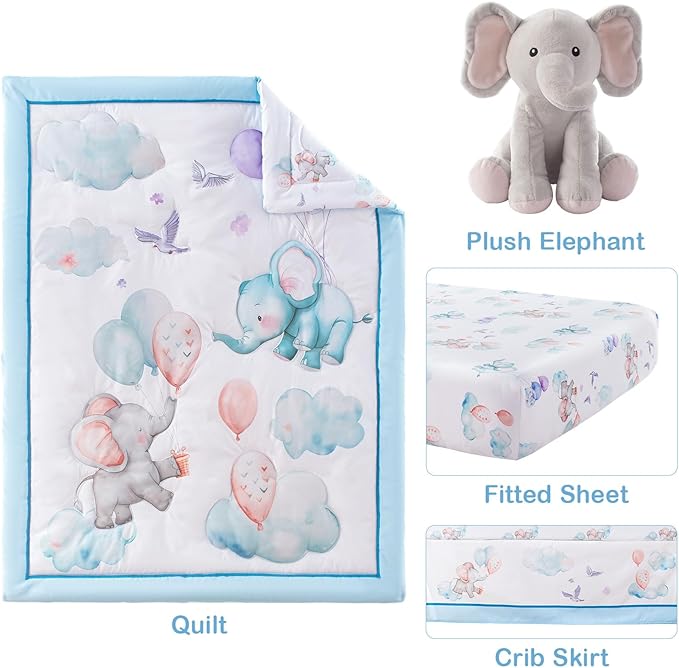4 Piece Crib Bedding Set for Boys Girls, Infant Toddler Nursery Baby Bedding Sets Includes Cartoon Quilt, Fitted Crib Sheet, Crib Skirt and Plush Elephant Toy-CubbioJoy