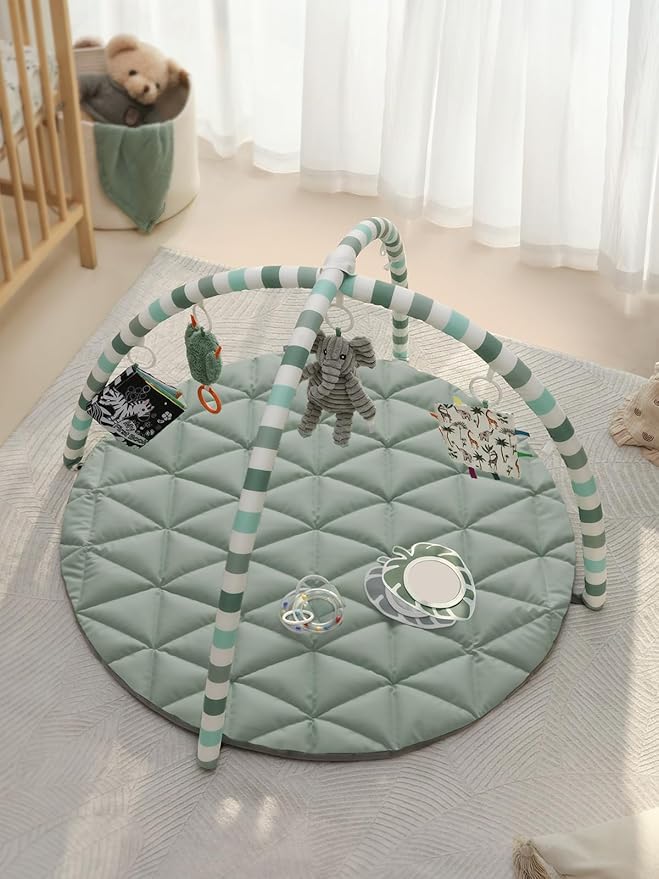 Blissful Diary Waterproof Baby Play Gym Mat, Wipe-Clean Vegan Leather Tummy Time Mat with 6 Detachable Toys, Baby Activity Mat, Sage Green-CubbioJoy