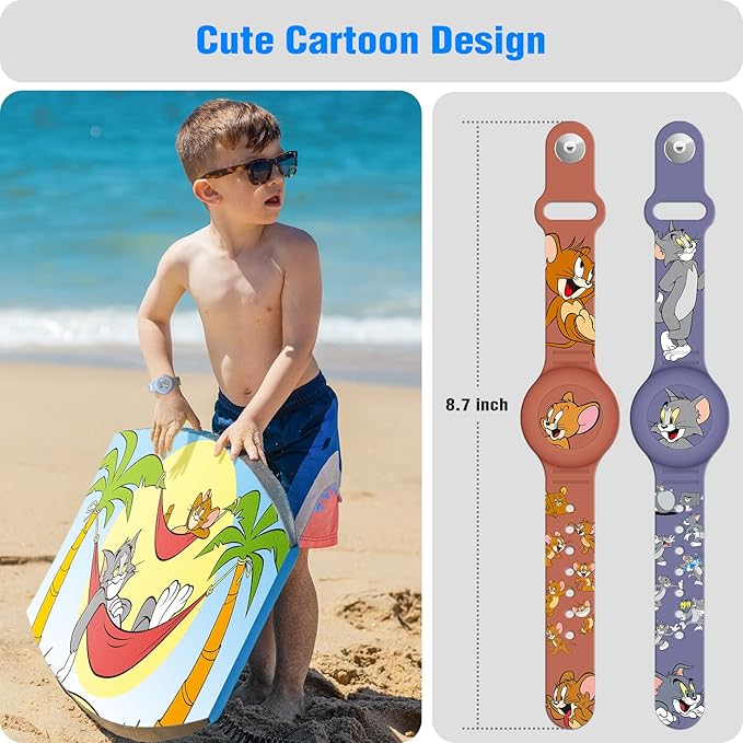2 Pack AirTag Bracelet for Kids, Waterproof Cute Cartoon Air tag Holder for Kids with Watch Band Design, Full Coverage Silicone Airtag Hidden Accessories for Child, Healthy Material Brown + Grey-CubbioJoy