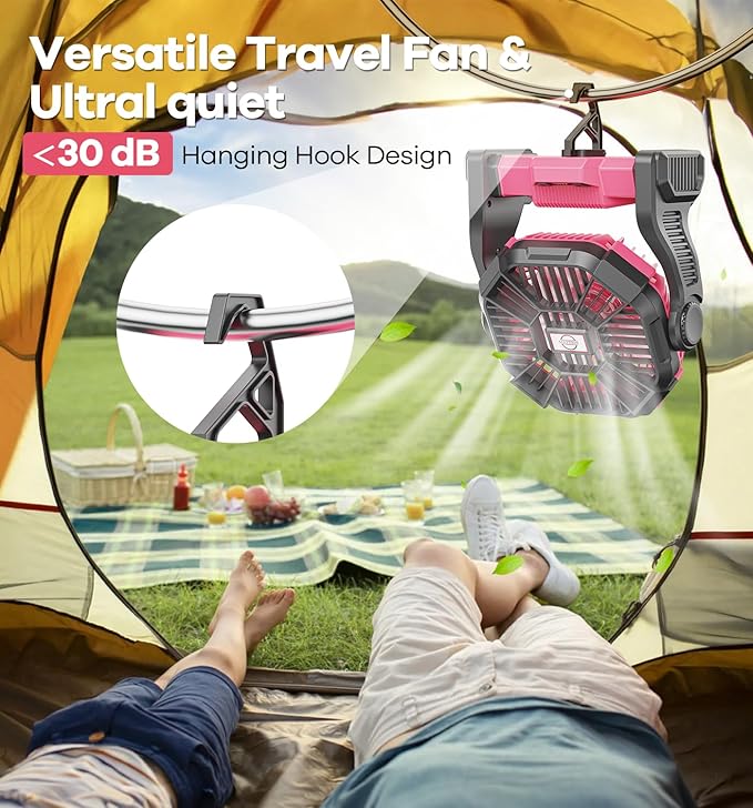 20000mAh Portable Battery Powered Camping Fan - with LED Light, Quiet Battery Operated, Camping Gear for Travel, Tent, Beach, Car or Hurricane Power Outages, Pink-CubbioJoy