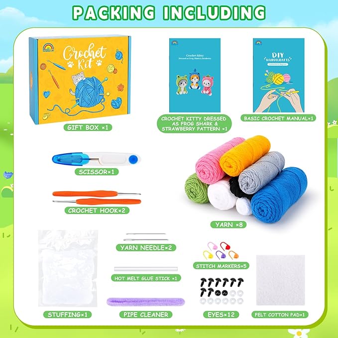 Crochet Kit for Beginners - 3 PCS Crochet Kits with Step-by-Step Video Tutorials, Beginner Crochet Kit for Adults Kid, Crochet Animal Kit for Starters, Cat Dressed as Shark Frog Strawberry-CubbioJoy