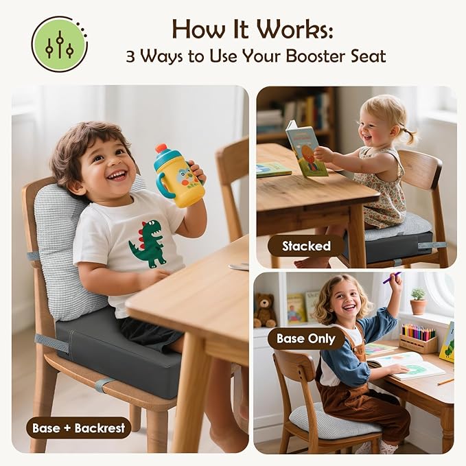 Booster Seat for Kitchen Chair with Comfy Backrest and Adjustable Safety Buckles,Non-Slip Kid Toddler Booster Seat for Dining Table,Portable PU Travel Baby Booster Increasing Cushion Chair-CubbioJoy