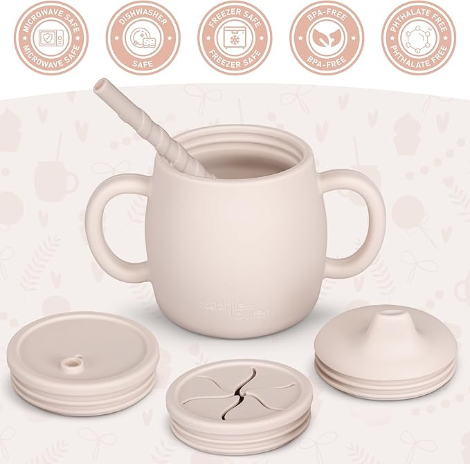 4-in-1 Silicone Sippy Cup with Snack and Straw Lid 6oz | Transition Training Cup for 6+ months to Toddler (Beige)-CubbioJoy