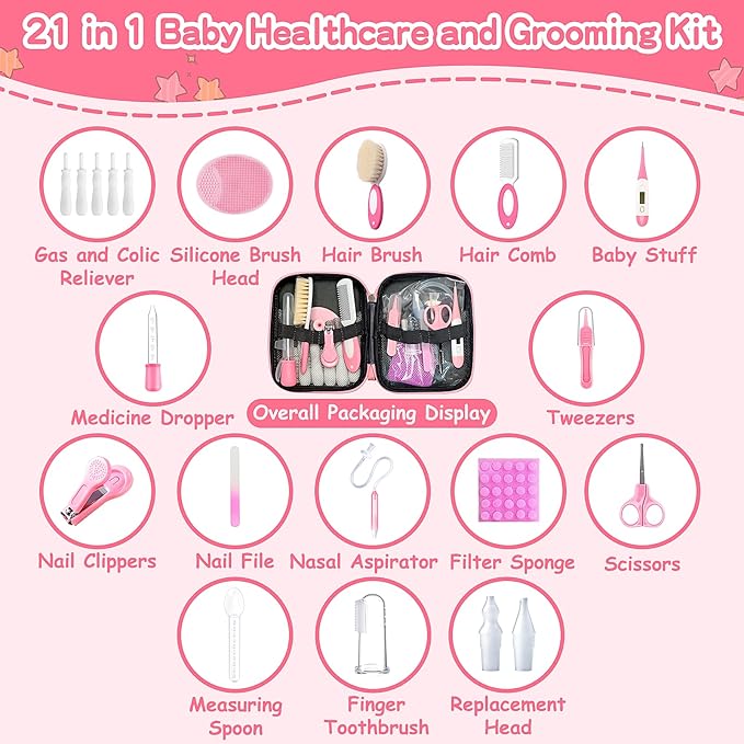 Baby Healthcare and Grooming Kit, 21 in 1 Portable Baby Essentials Kit with Gas Relief Hair Brush Comb Nasal Aspirator for Newborn Boys Girls (Pink)-CubbioJoy
