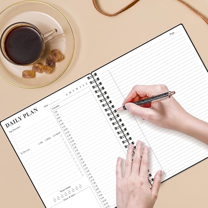 Daily Planner Undated - A4 To Do List Notebook Hourly Schedules, Spiral Appointment Planner for Women and Men,PVC Hardcover, Inner Pocket, Elastic Closure, 8.5" x 11", Black-CubbioJoy