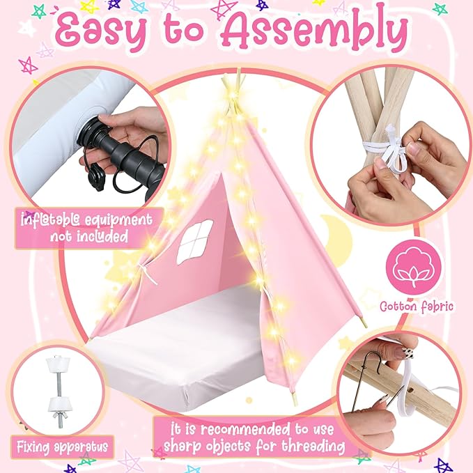 6 Pack Sleepovers Teepee Tent for Kids Bulk with Mattress Sheet Light,Natural Cotton Washable Indoor Play Tent for Birthday Slumber Party Girls Boys Pajama Movie Night Supplies(Light Pink)-CubbioJoy
