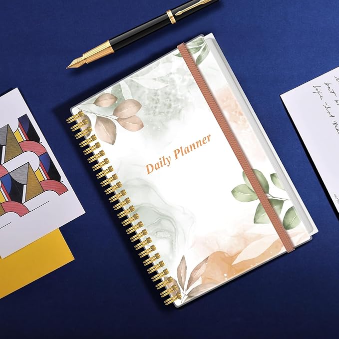 Daily Planner Undated - A5 To Do List Notebook Hourly Schedules, Spiral Appointment Planner for Women and Men, PVC Hardcover, Inner Pocket, Elastic Closure, 5.8" x 8.3", Rose Leaf-CubbioJoy