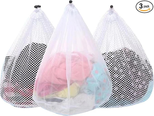 3Pcs Mesh Laundry Bags Washing Machine Mesh Wash Bags Jumbo for Delicates Clothes,Bed Linen,Toys with Drawstring Closure Sturdy(3 XXLarge 28 x 26 Inches)-CubbioJoy