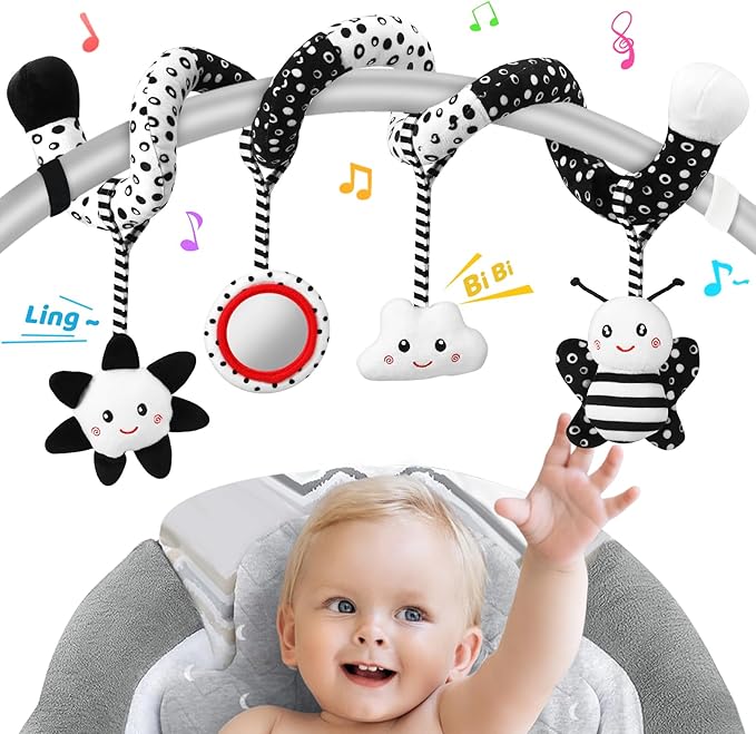 Car Seat Toys Hanging and Stroller Toys for Babies 0-6 Months，High Contrast Baby Toys for Newborn 0 3 Months Brain Development,Black and White Baby Toys for Crib Mobile，Infant Ideal Gift-CubbioJoy