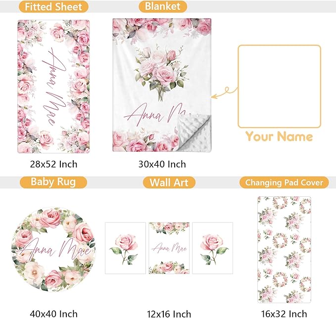 Custom Crib Bedding Set - 5 Pcs Personalized Name Pink Flowers Baby Crib Set for Infant Toddler Girl - Comfortable Double Layer Nursery Bedding Set - Customized Present for Birthday Baby Shower-CubbioJoy
