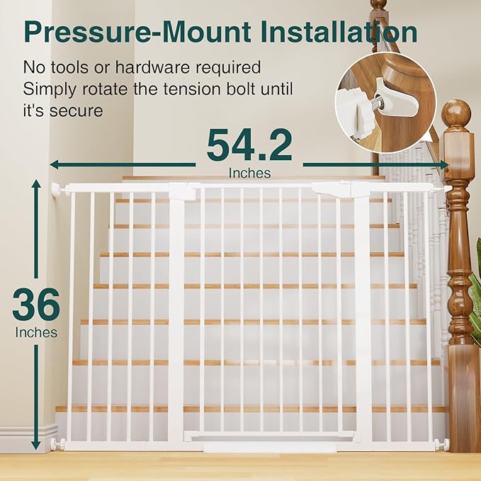 Cumbor 36" Extra Tall Baby Gate for Stairs, 29.7-54.2" Extra Wide Dog Gate for Doorways Hallways, Pressure Mounted Child Gate for Wide Opening, Auto Close Personal Safety for Babies and Pets, White-CubbioJoy