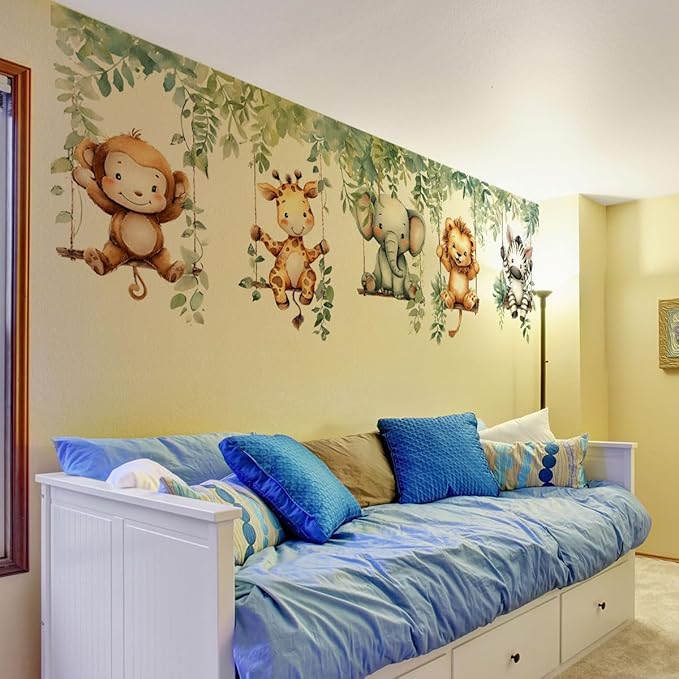 Jungle Animal Wall Decals,Jungle Animals Monkey Elephants, Lions, Zebras, Giraffes Vine Leaves Wall Stickers,Zoo Sticker for Kids Baby Boys Room Nursery Bedroom Playroom Home Decoration.-CubbioJoy