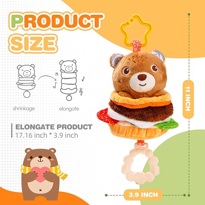 Jollybaby Baby Musical Pull String Hanging Toys for Stroller Car Seat Crib Play Gym, Plush Stuffed Hamburg Bear Toy for Carseat with Music Teether Crinkle, Sensory Toy for 0-6-12-18 Months Baby Gifts-CubbioJoy