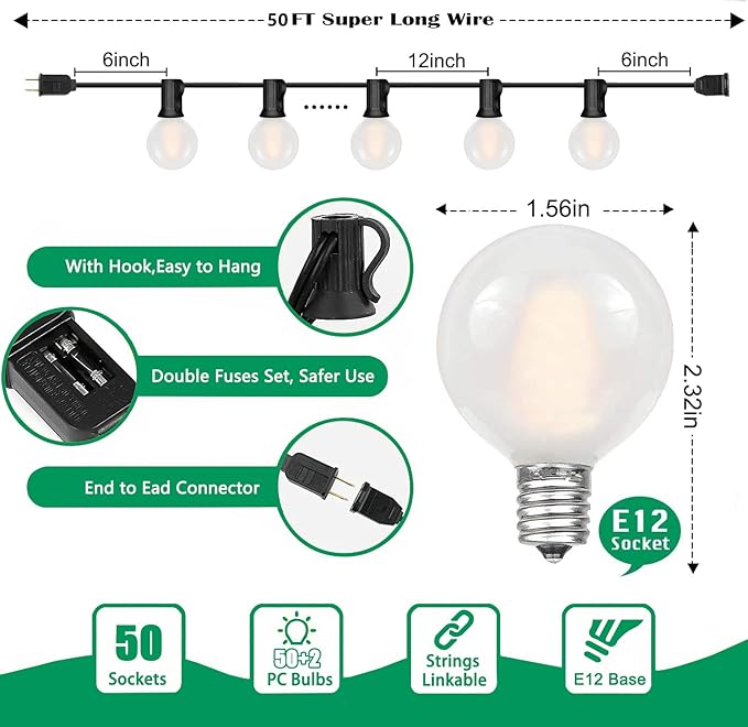 50Ft LED Outdoor Patio String Lights - Waterproof Globe Lights with 52 Shatterproof Frosted Bulbs, Connectable for Wedding, Party, Christmas & Garden Decor, Black Wire-CubbioJoy