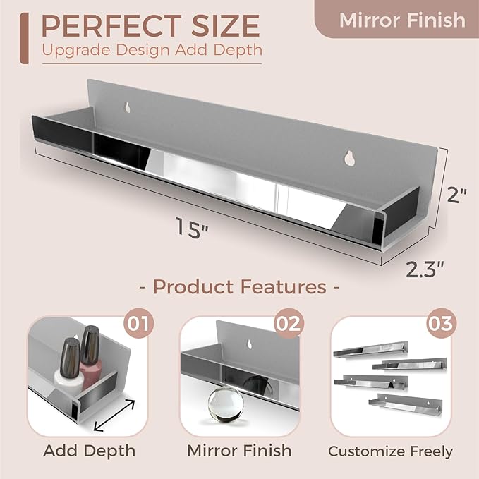 4 Pack 15 Inch Black Reflective Acrylic Shelves, Black Floating Shelves, Modern Sunglasses Essential Oil Picture Ledge Display Toy Storage Shelf-CubbioJoy