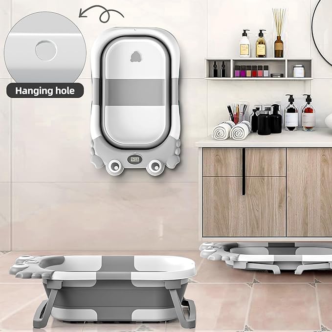 Collapsible Baby Bathtub for Newborns to Toddler with Real-time Temp Monitor & Floating Cushion,Portable Travel Tub for 0-36 Month, Foldable Baby Bath Tub for Infants Boy (Grey)-CubbioJoy