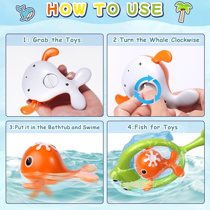 Baby Bath Toys Set, Wind Up Pool Toys for Toddlers 1-3, Kids Magnetic Fishing Toys with 1 Fishing Rod & 1 Net & 4 Brightly Colored Whales, Boys and Girls Birthday Gifts-CubbioJoy