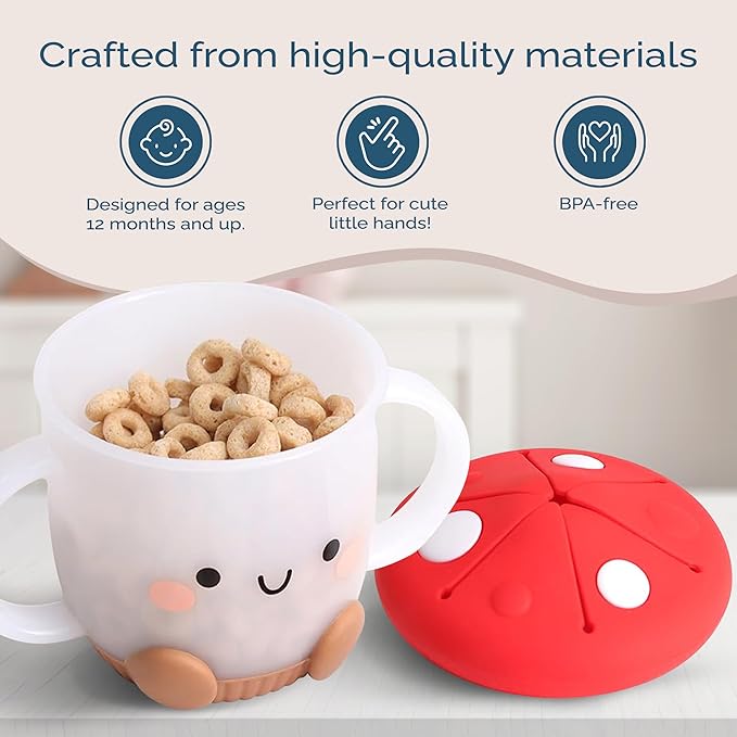 Itzy Ritzy Toddler Snack Cup - Spill-Proof Snack Cup for Toddlers with Soft Silicone Lid for Easy Food Access - Easy-To-Hold Kids Snacks Container With Handles - Ideal for 12 months & Up (Mushroom)-CubbioJoy