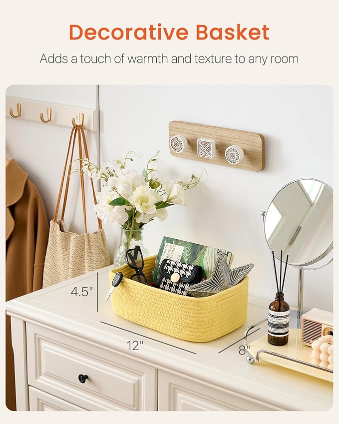 KALLAX Small Woven Basket, 12 x 8 x 4.5 Inches, Storage Basket for Organizing, Cute Small Rope Shelf Closet Cube Storage Bins Baskets for Shelves, Dog Toy Gift Baskets Empty, 3 Pack Yellow-CubbioJoy