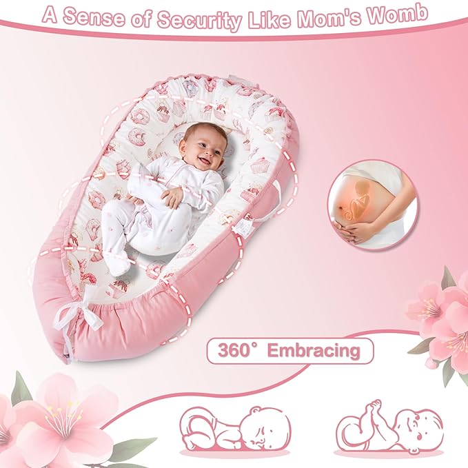 Baby Lounger - Infant Lounger for Newborn 0-24 Months, Breathable & Soft Baby Lounger Cover, Portable Infant Lounger for Home and Travel, Babies Essentials Gifts - Pink-CubbioJoy