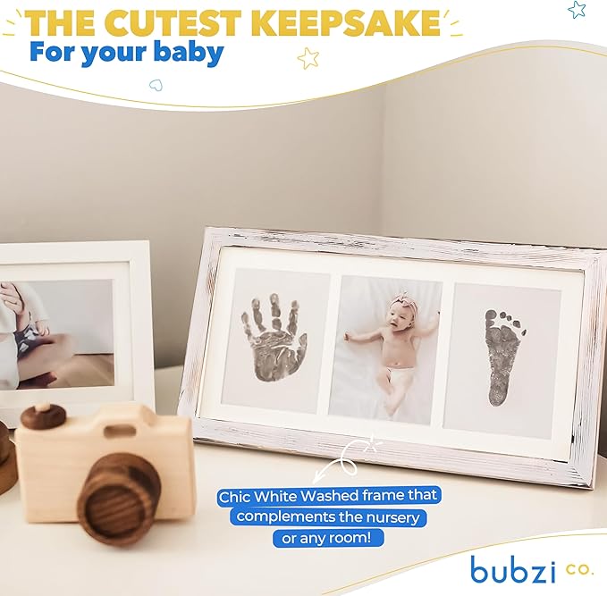 Bubzi Co Baby Handprint Kit & Footprint Photo Frame for Newborn Girls and Boys, Unique Baby Shower Gifts Set for Registry, Memorable Keepsake Decorations for Room Wall or Nursery Decor (White Wash)-CubbioJoy
