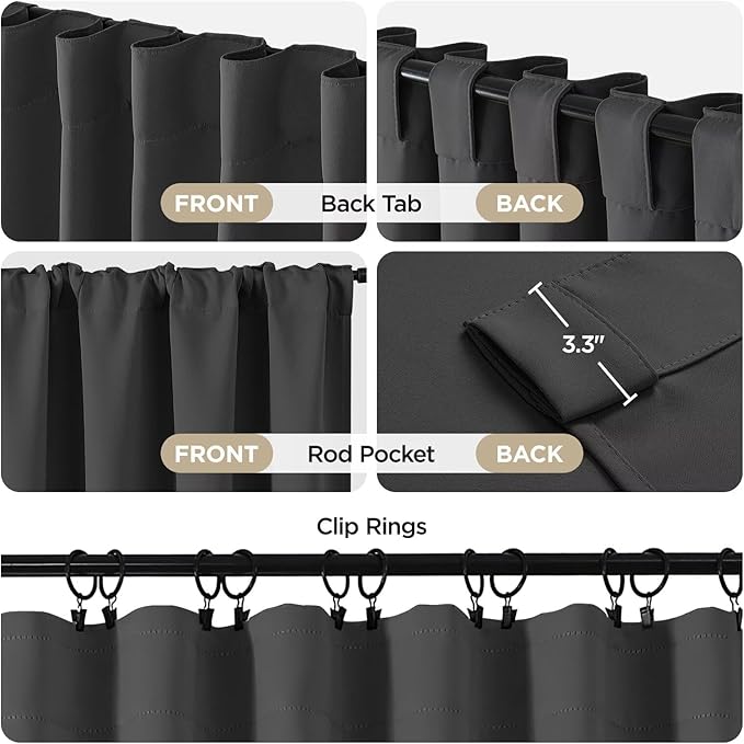 Joydeco 72 Inch Blackout Curtains for Bedroom, Thermal Insulated Black Out Curtains, Room Darkening Drapes for Living Room Window Rod Pocket Back Tab (W52 x L72 Inch, Dark Grey)-CubbioJoy