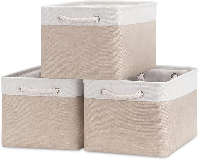 Bidtakay Large Fabric Baskets with Handles [3-Pack] Collapsible Storage Basket for Shelves 15 X 11 X 9.5 inches Canvas Bins for Closet Organization (White&Beige)-CubbioJoy