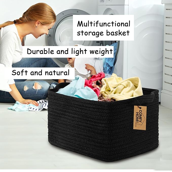 COMFY-HOMI 3PACK Cotton Rope Woven Basket With Handles for Shelves, Toy, Book, Cloth Storage Basket for Organizing|13.5" x 11" x 9.5" Decorative Nursery Cube Bin for Living Room（all Black）-CubbioJoy