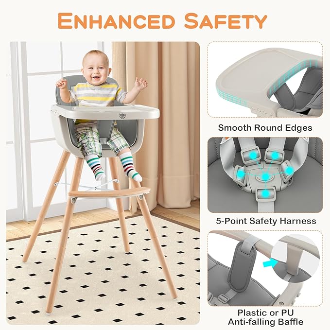 BABY JOY Convertible Baby High Chair, 3 in 1 Wooden Highchair/Booster/Chair with Removable Tray, Adjustable Legs, 5-Point Harness, PU Cushion and Footrest for Baby, Infants, Toddlers (Gray)-CubbioJoy