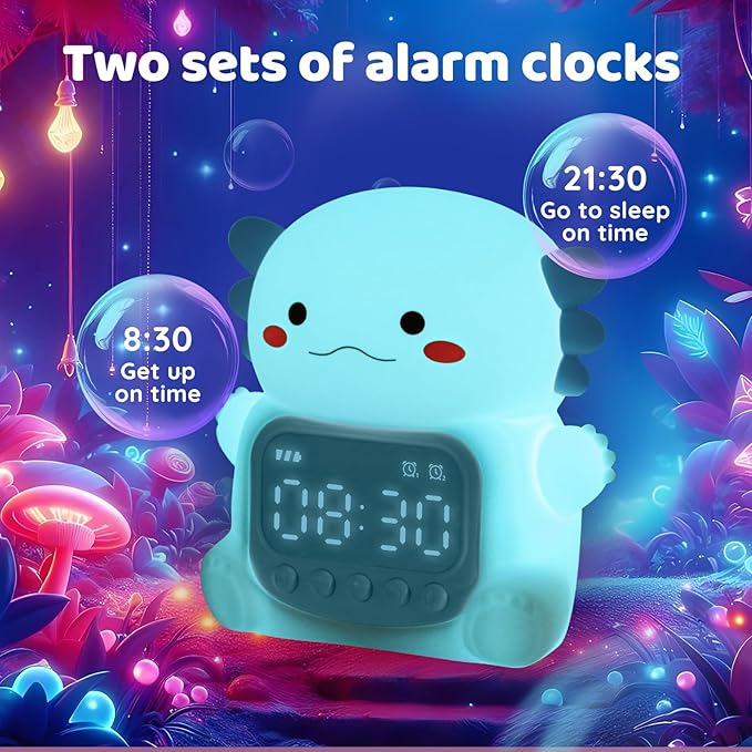 Axolotl Alarm Clock with Night Light for Kids, Rechargeable Silicone Lamp Time to Wake Clock Cute Animal Tabletop Lamp, Perfect Sleep Companion for Boys Girls, Blue-CubbioJoy