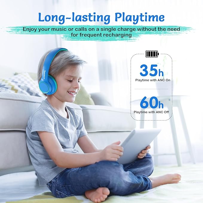 Active Noise Cancelling Headphones for Kids, 60H Playtime, Wireless Bluetooth Over-Ear Blue Headset Built-in Microphone for Home/School/Travel/Party - Includes Portable Case-CubbioJoy
