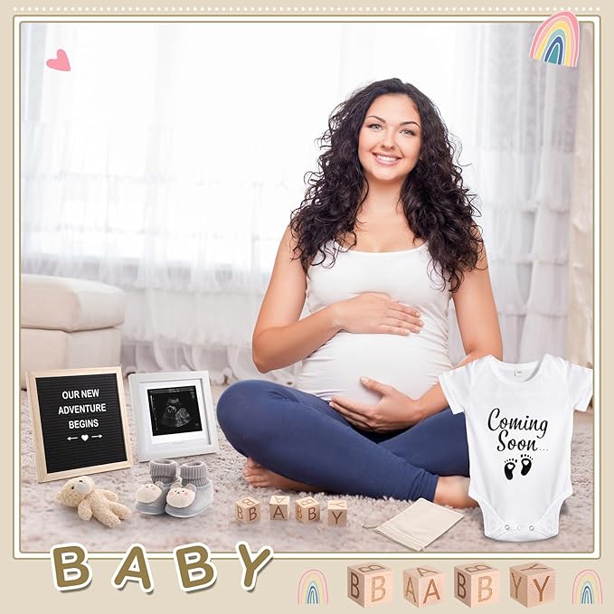9 Pcs Pregnancy Announcement Set Pregnancy Reveal Ideas Felt Letter Board Baby Bodysuit Booties Photo Frame Bear Plush Wood Blocks for Coming Soon Baby Announcement(Black)-CubbioJoy