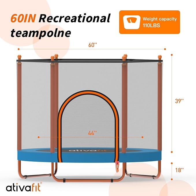Ativafit 60'' Rebounder Trampoline Indoor Outdoor for Kids Ages 1-8, 5 FT Recreational Toddler Trampoline with Safety Enclosure Net Gifts with Basketball Hoop Dartboard Ocean Bal-CubbioJoy